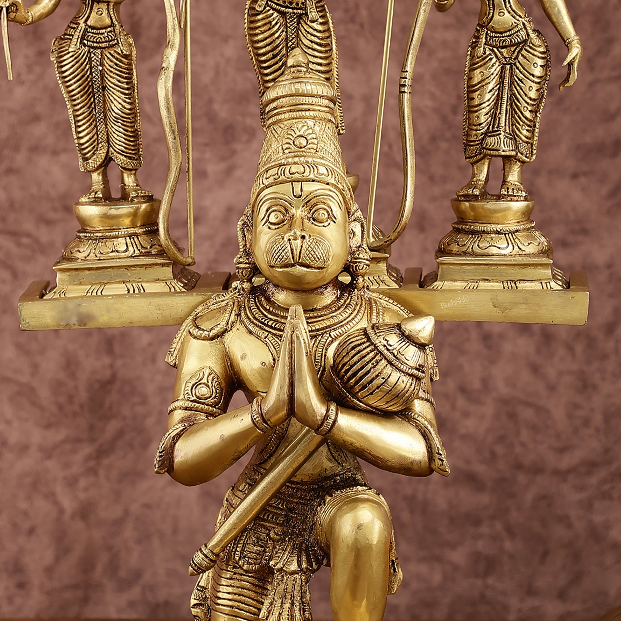 Brass Pure Brass Large Lord Hanuman Carrying Rama, Lakshman, and Sita | Unique Ram Darbar Hanuman Idol 18 inch
