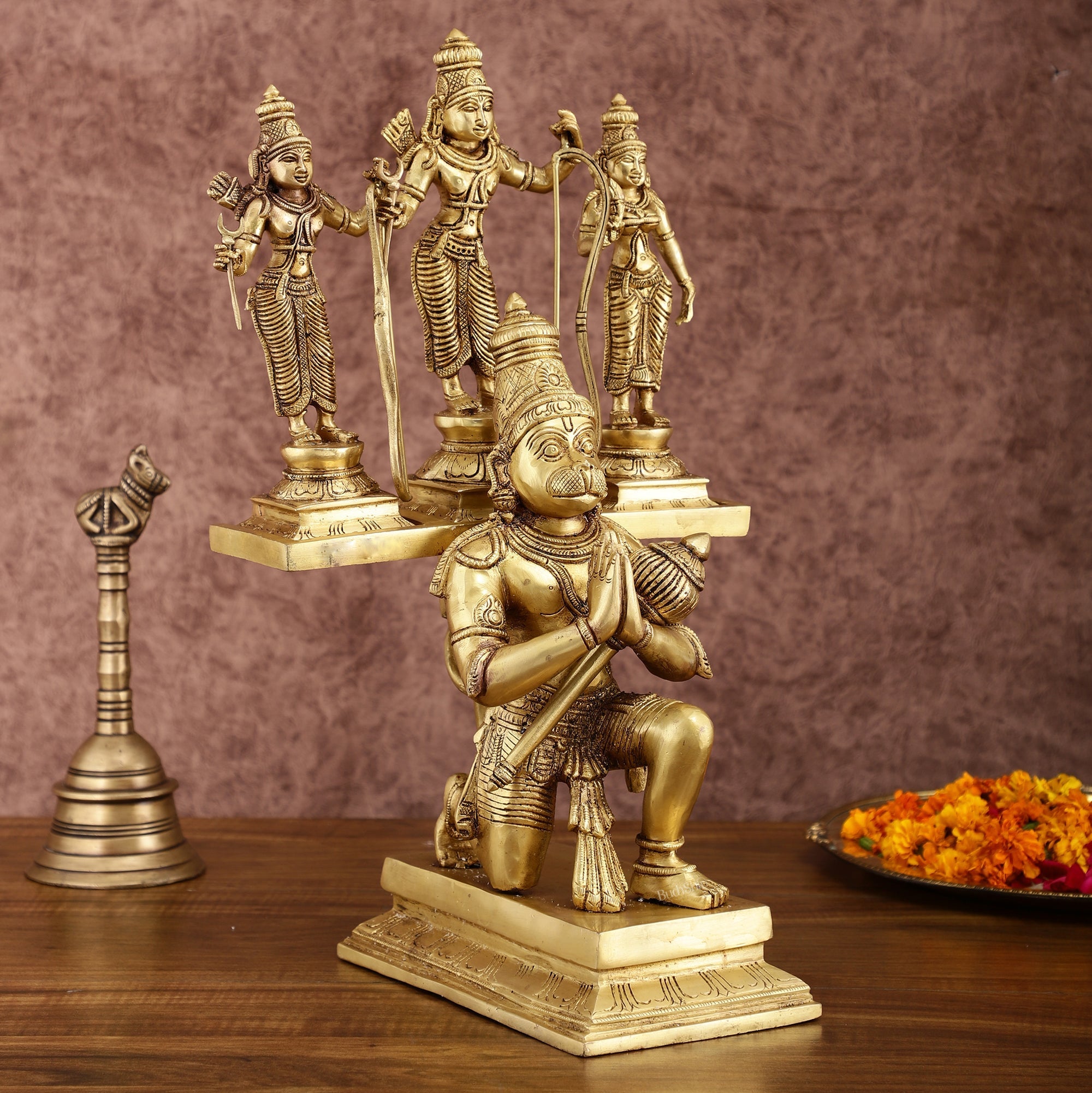 Brass Pure Brass Large Lord Hanuman Carrying Rama, Lakshman, and Sita | Unique Ram Darbar Hanuman Idol 18 inch