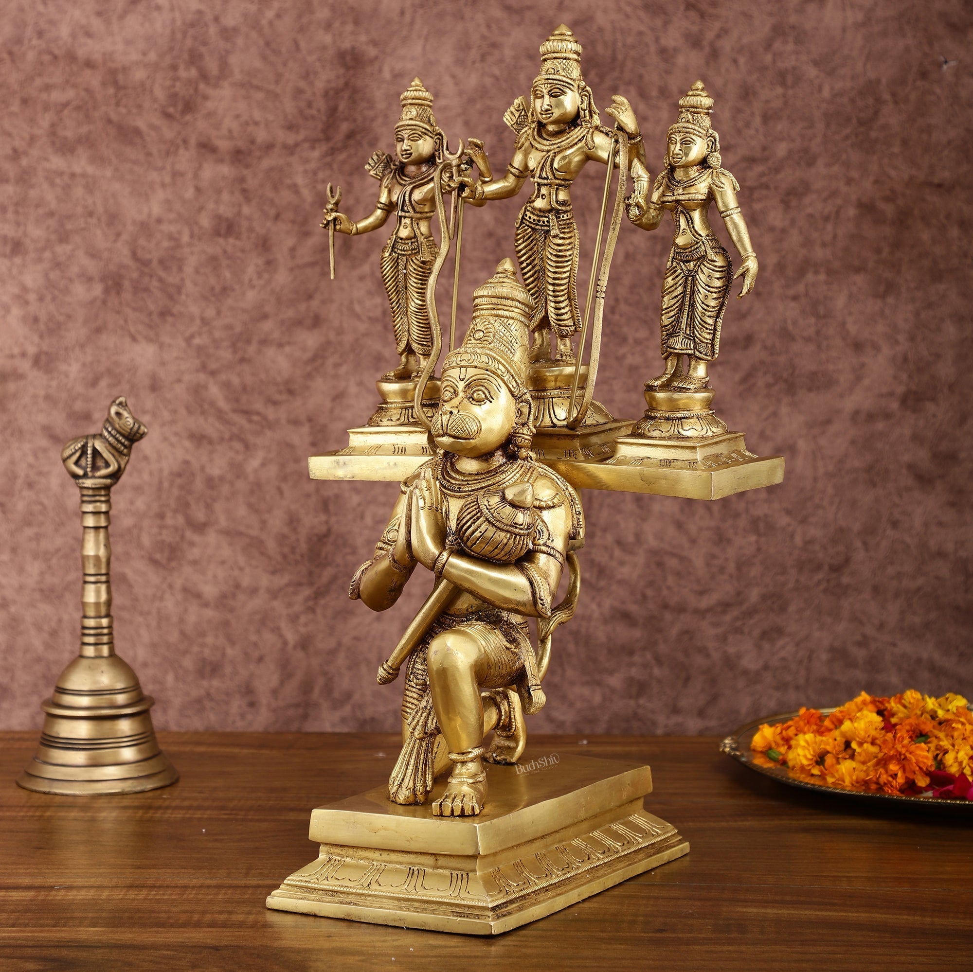 Brass Pure Brass Large Lord Hanuman Carrying Rama, Lakshman, and Sita | Unique Ram Darbar Hanuman Idol 18 inch