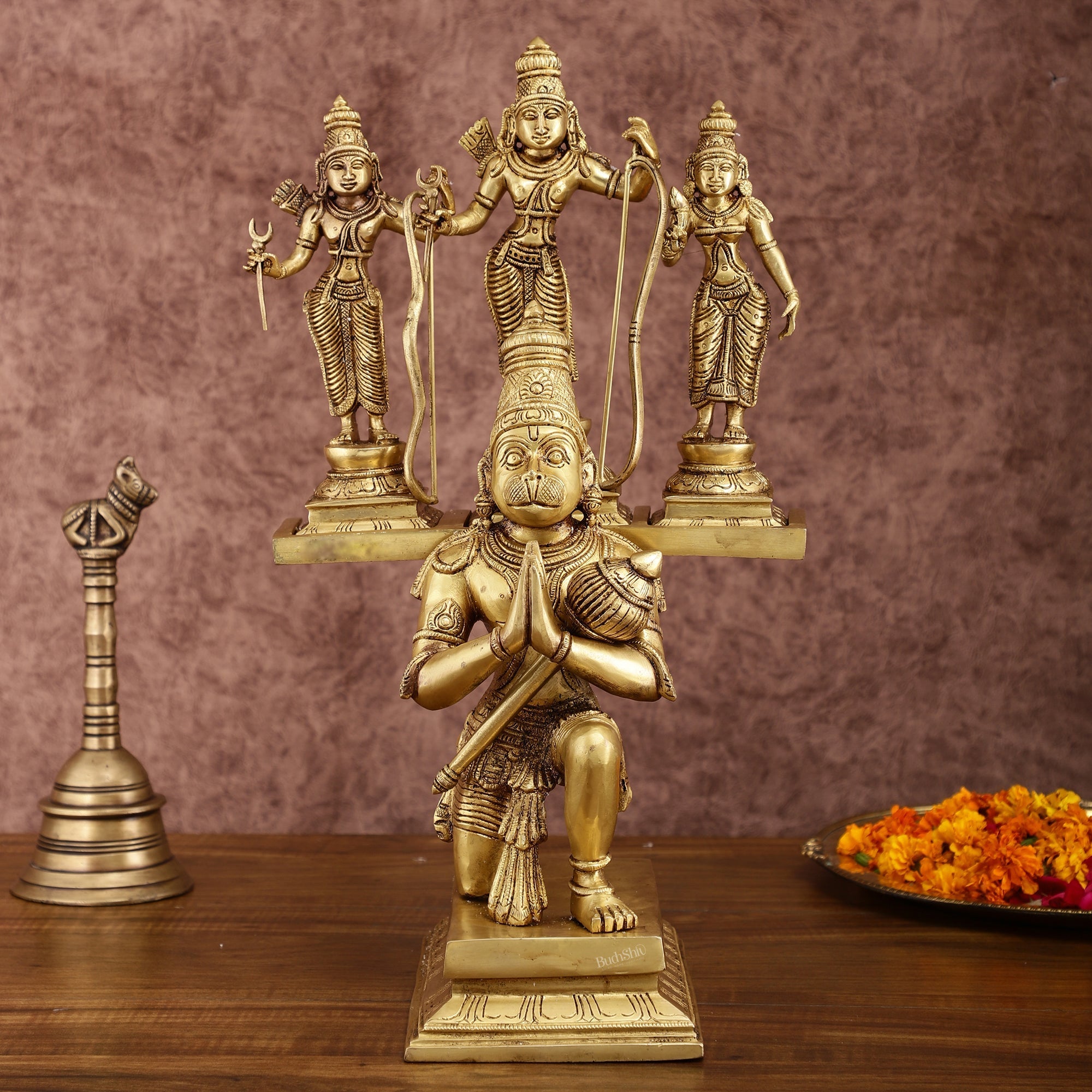 Brass Pure Brass Large Lord Hanuman Carrying Rama, Lakshman, and Sita | Unique Ram Darbar Hanuman Idol 18 inch