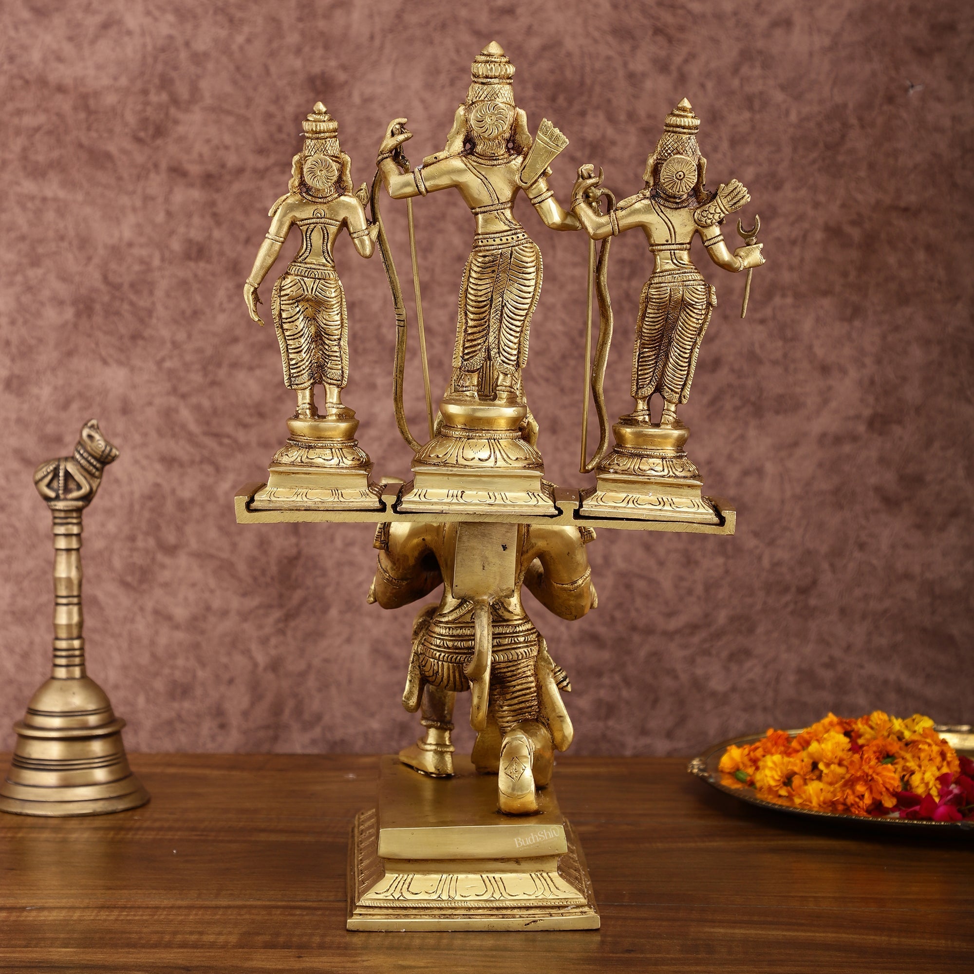 Brass Pure Brass Large Lord Hanuman Carrying Rama, Lakshman, and Sita | Unique Ram Darbar Hanuman Idol 18 inch