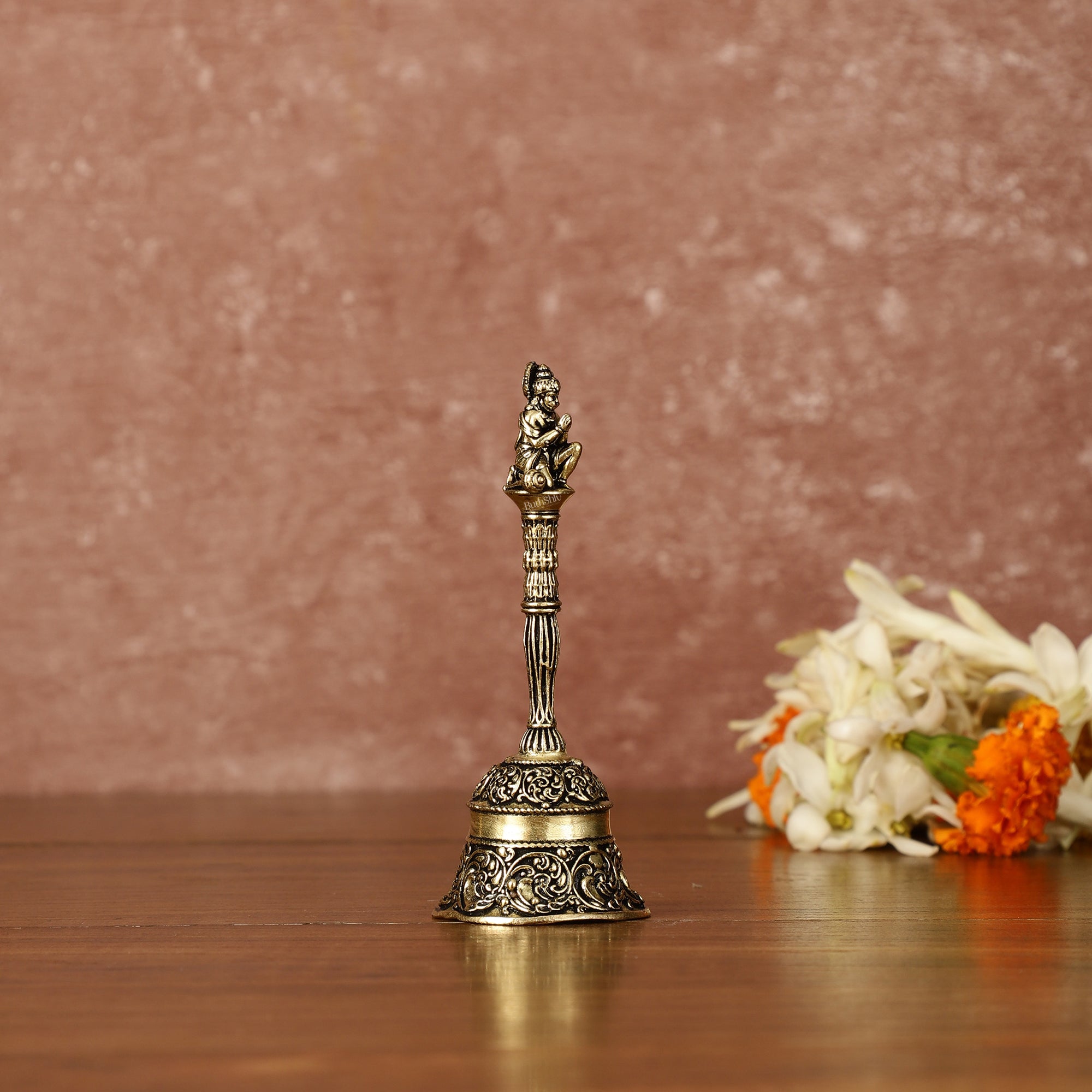 Brass Pure Brass Small Hanuman Ji Hand Bell for Home Temple - 4" Tall