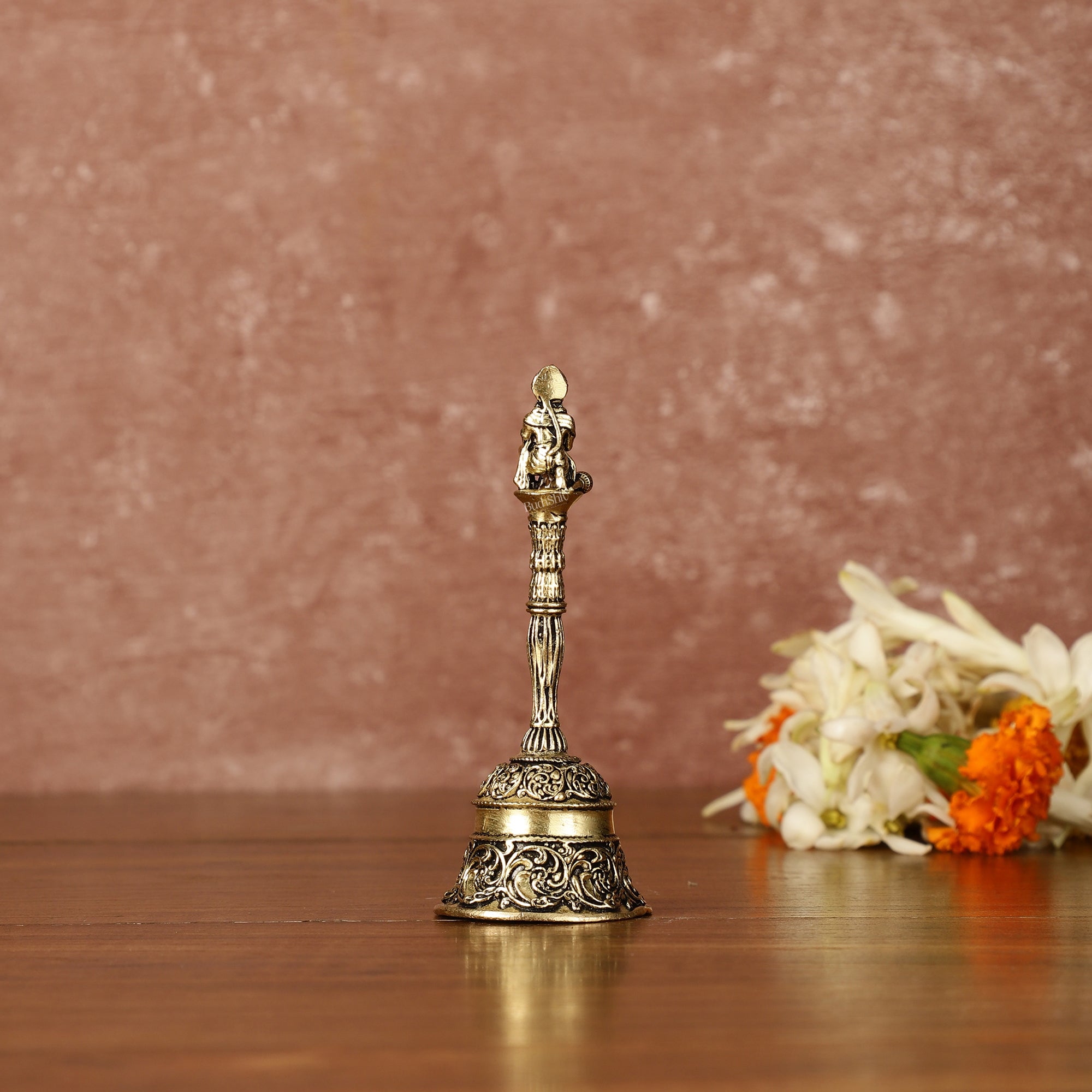 Brass Pure Brass Small Hanuman Ji Hand Bell for Home Temple - 4" Tall