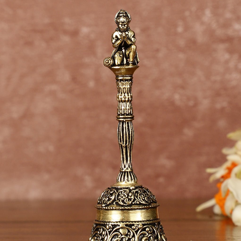 Brass Pure Brass Small Hanuman Ji Hand Bell for Home Temple - 4" Tall