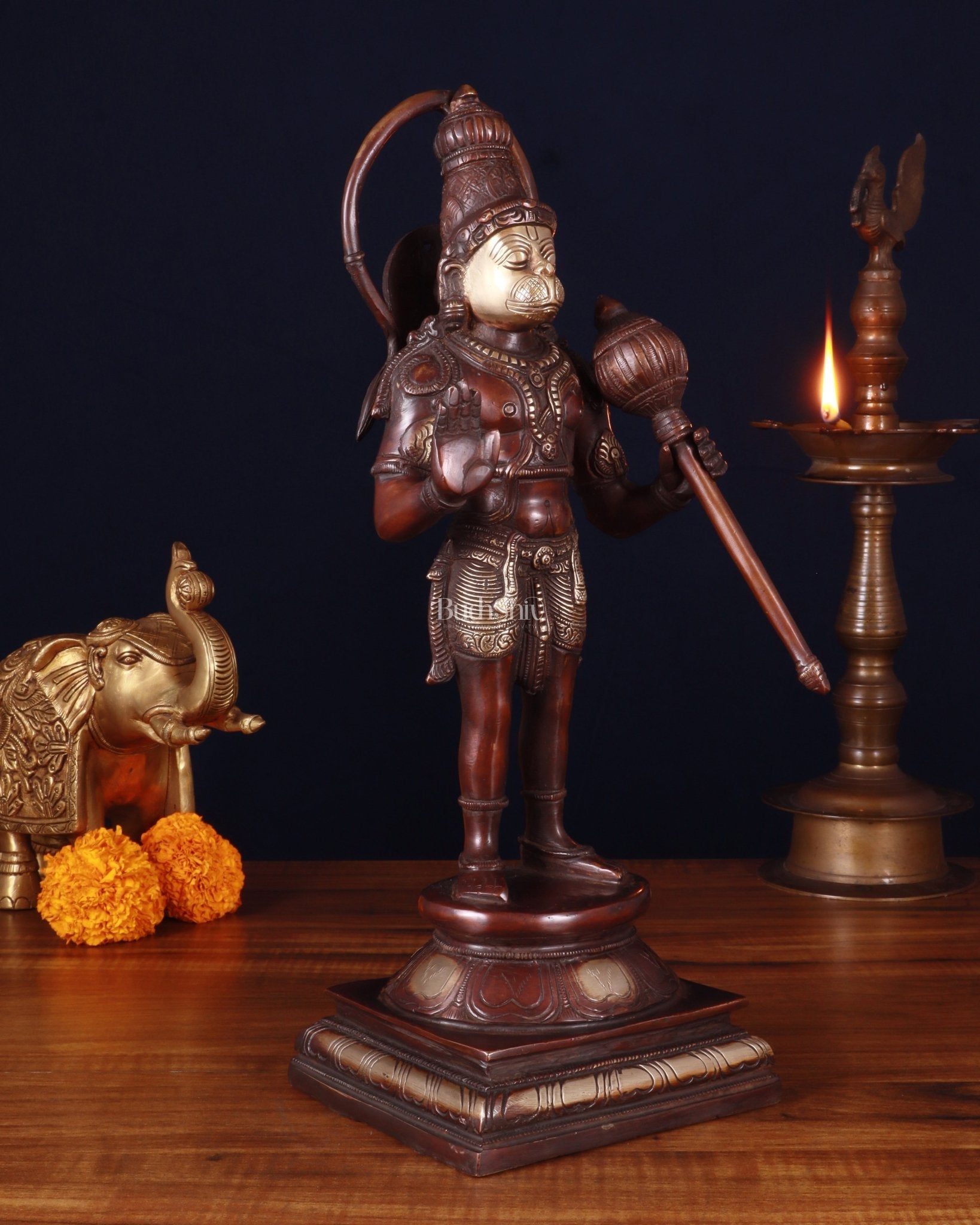 Brass Pure Brass Standing Lord Hanuman Statue – brown Gold Finish, 14.5 Inch
