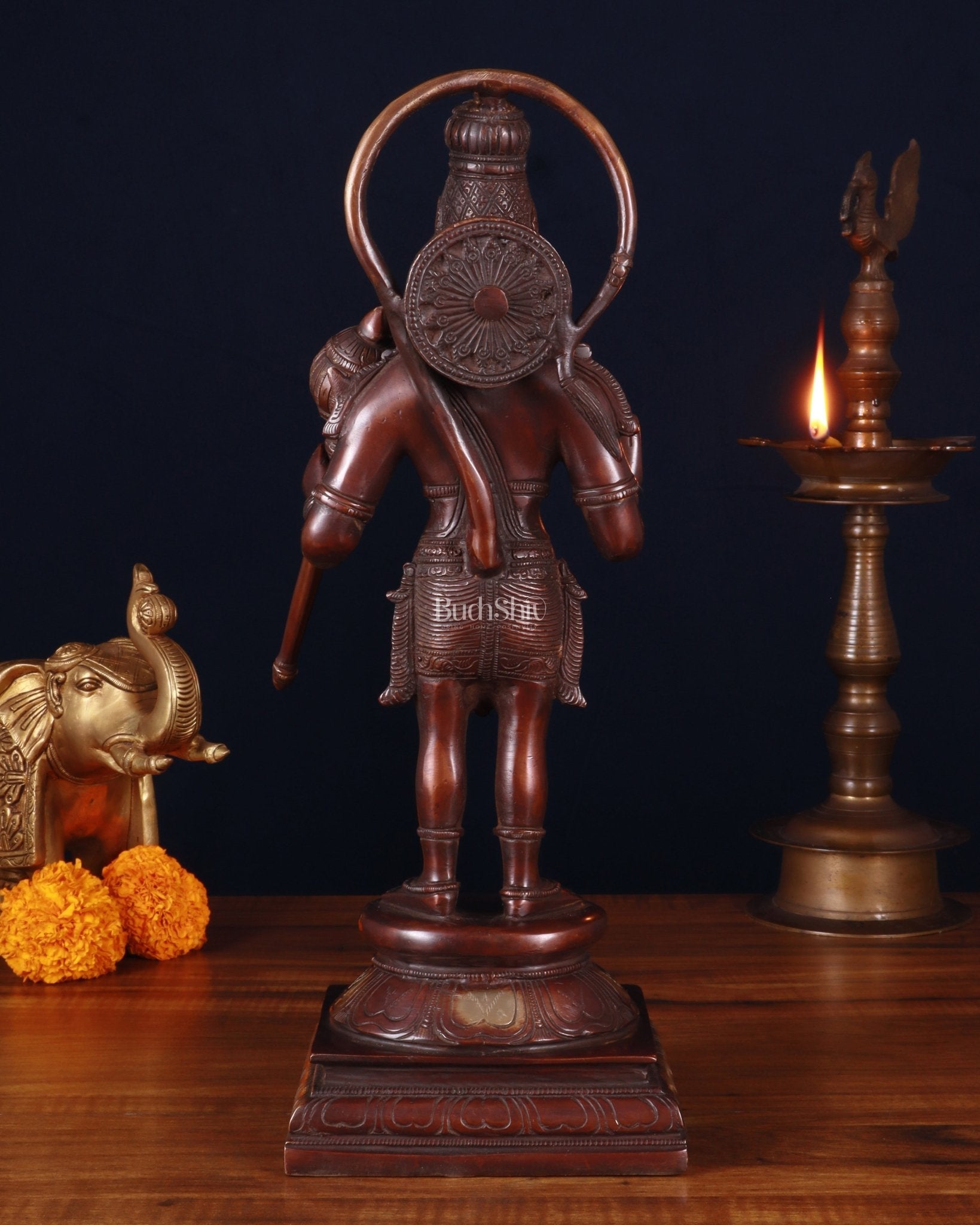 Brass Pure Brass Standing Lord Hanuman Statue – brown Gold Finish, 14.5 Inch