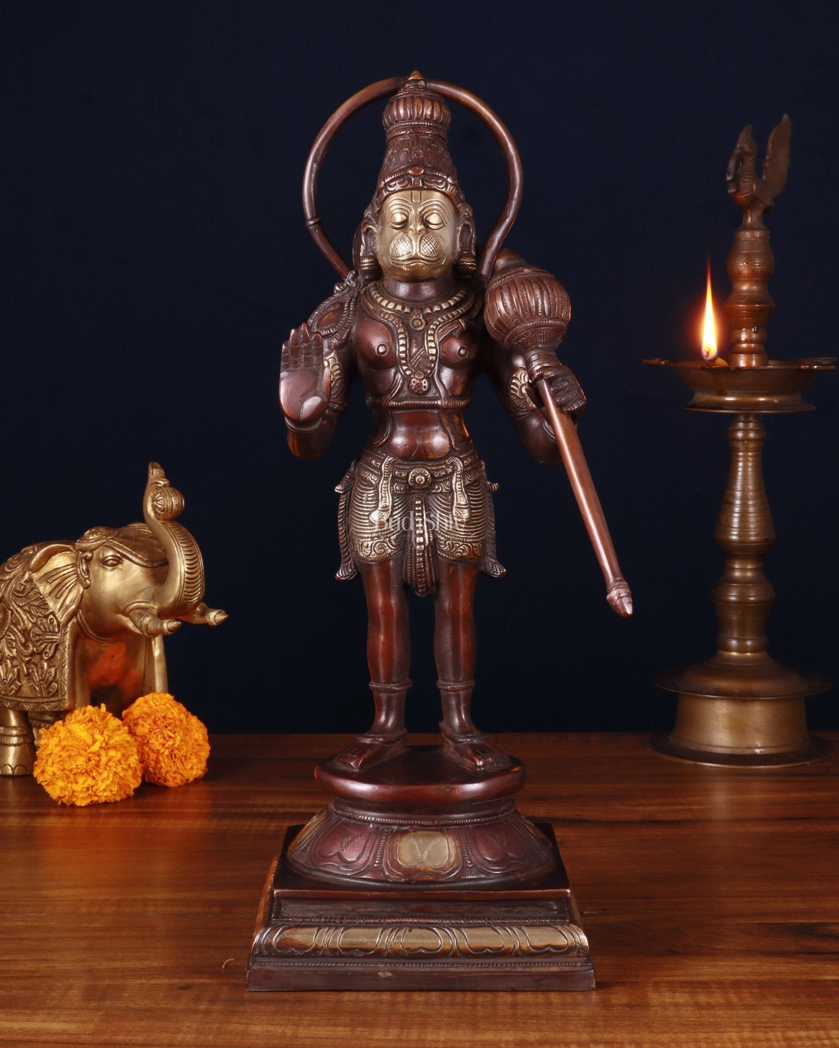 Brass Pure Brass Standing Lord Hanuman Statue – brown Gold Finish, 14.5 Inch