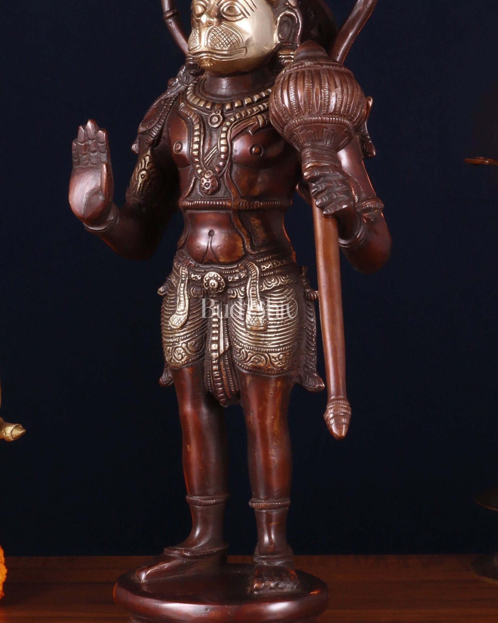 Brass Pure Brass Standing Lord Hanuman Statue – brown Gold Finish, 14.5 Inch