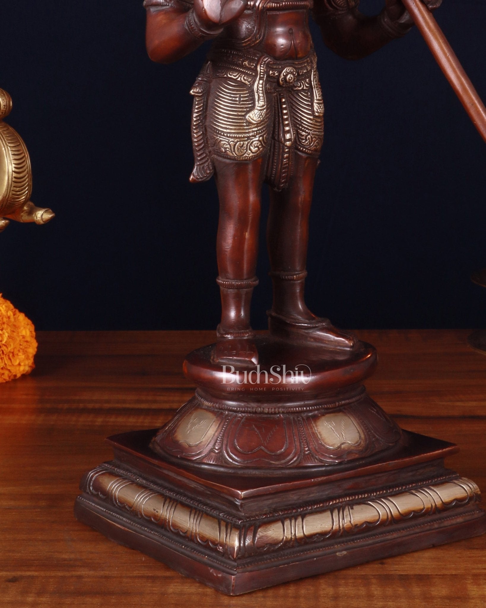 Brass Pure Brass Standing Lord Hanuman Statue – brown Gold Finish, 14.5 Inch