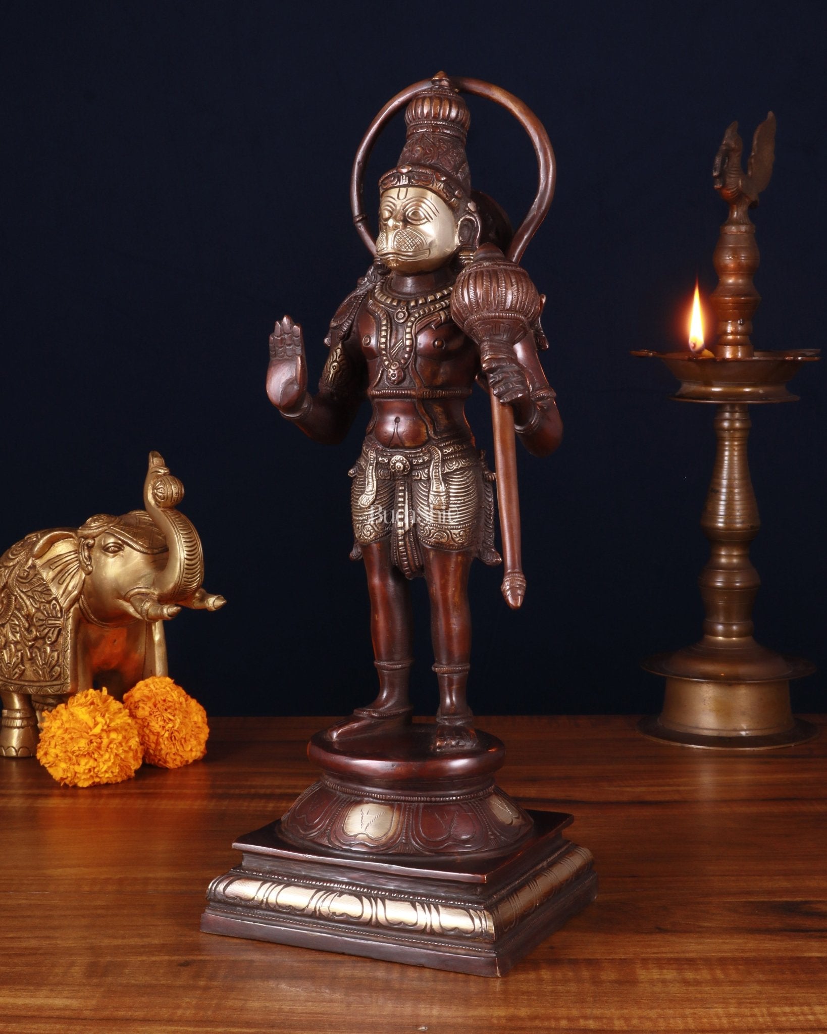 Brass Pure Brass Standing Lord Hanuman Statue – brown Gold Finish, 14.5 Inch