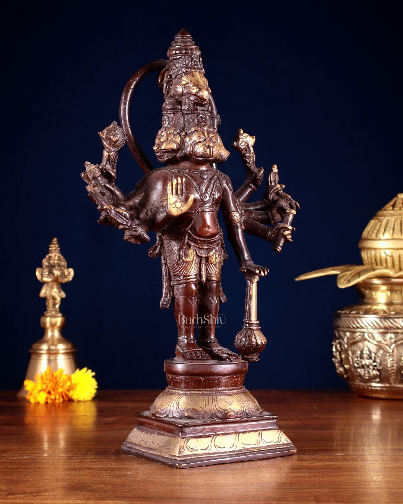 Brass Pure Brass Standing Panchmukhi Hanuman Hanuman Idol – Double Chola Finish 12 inch