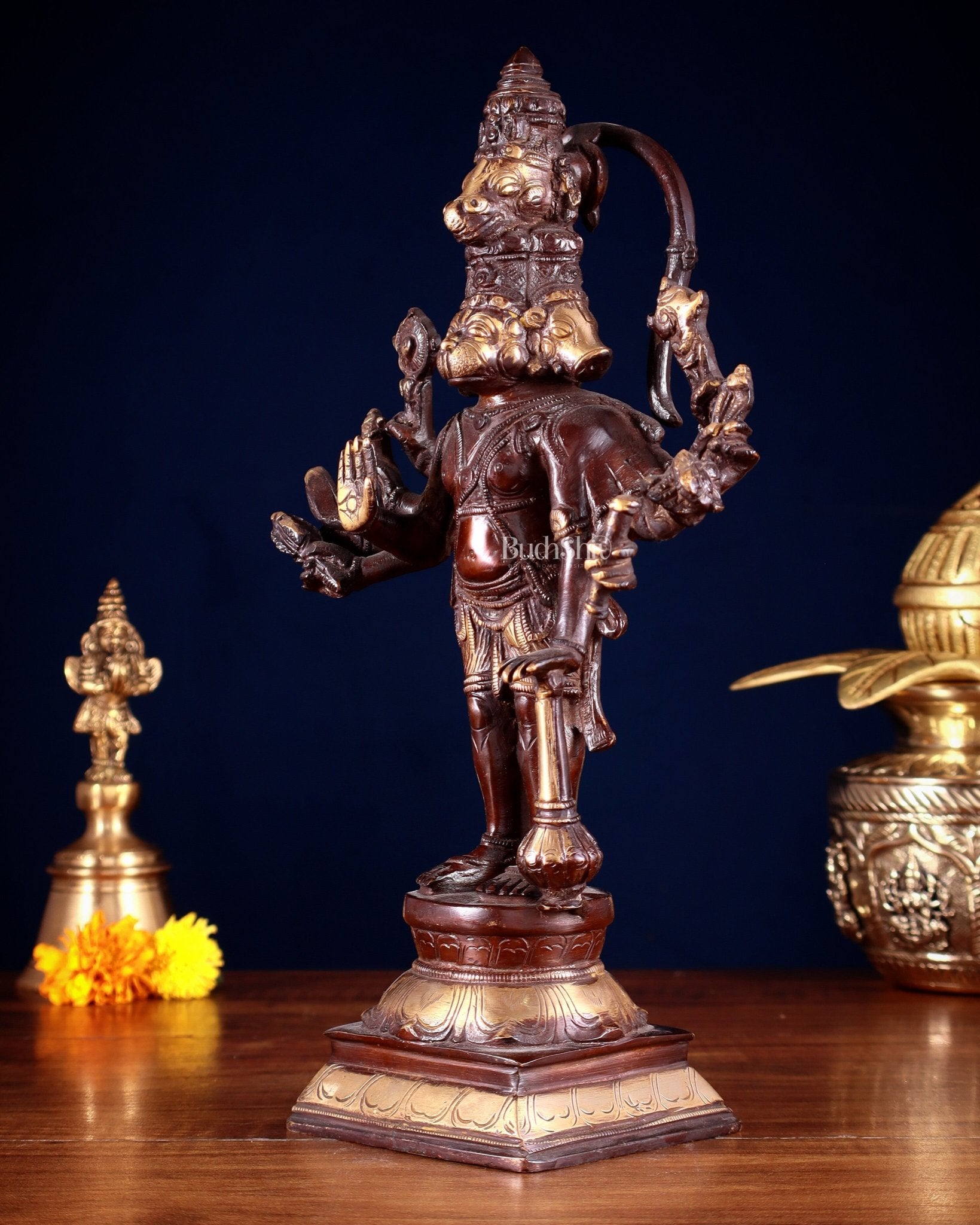 Brass Pure Brass Standing Panchmukhi Hanuman Hanuman Idol – Double Chola Finish 12 inch
