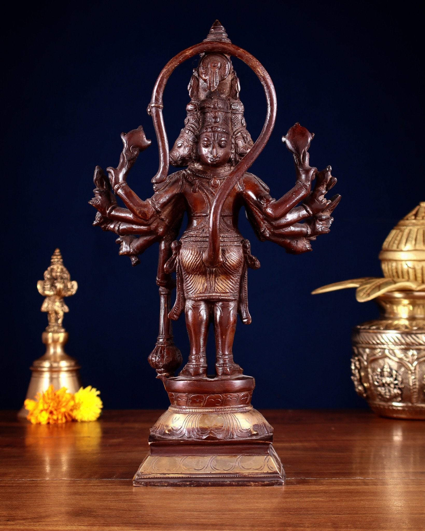 Brass Pure Brass Standing Panchmukhi Hanuman Hanuman Idol – Double Chola Finish 12 inch