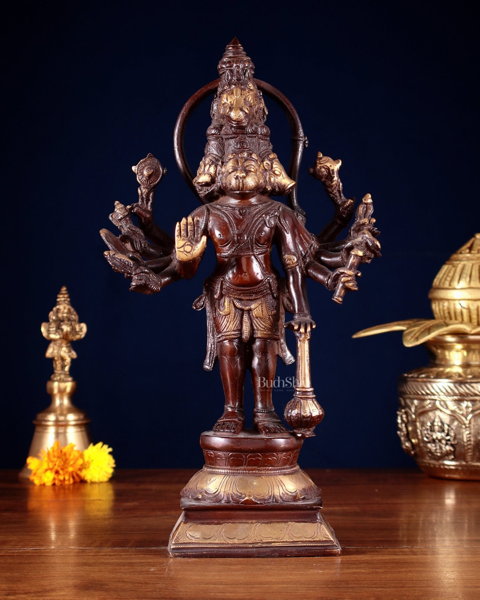 Brass Pure Brass Standing Panchmukhi Hanuman Hanuman Idol – Double Chola Finish 12 inch