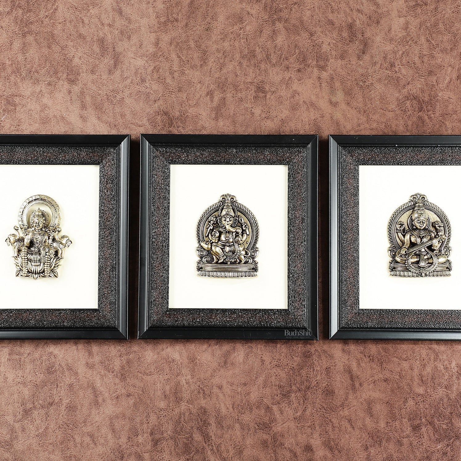Pure Brass Superfine Ganesh Lakshmi Saraswati Hanging on Wooden Frame - 9.5 Inch