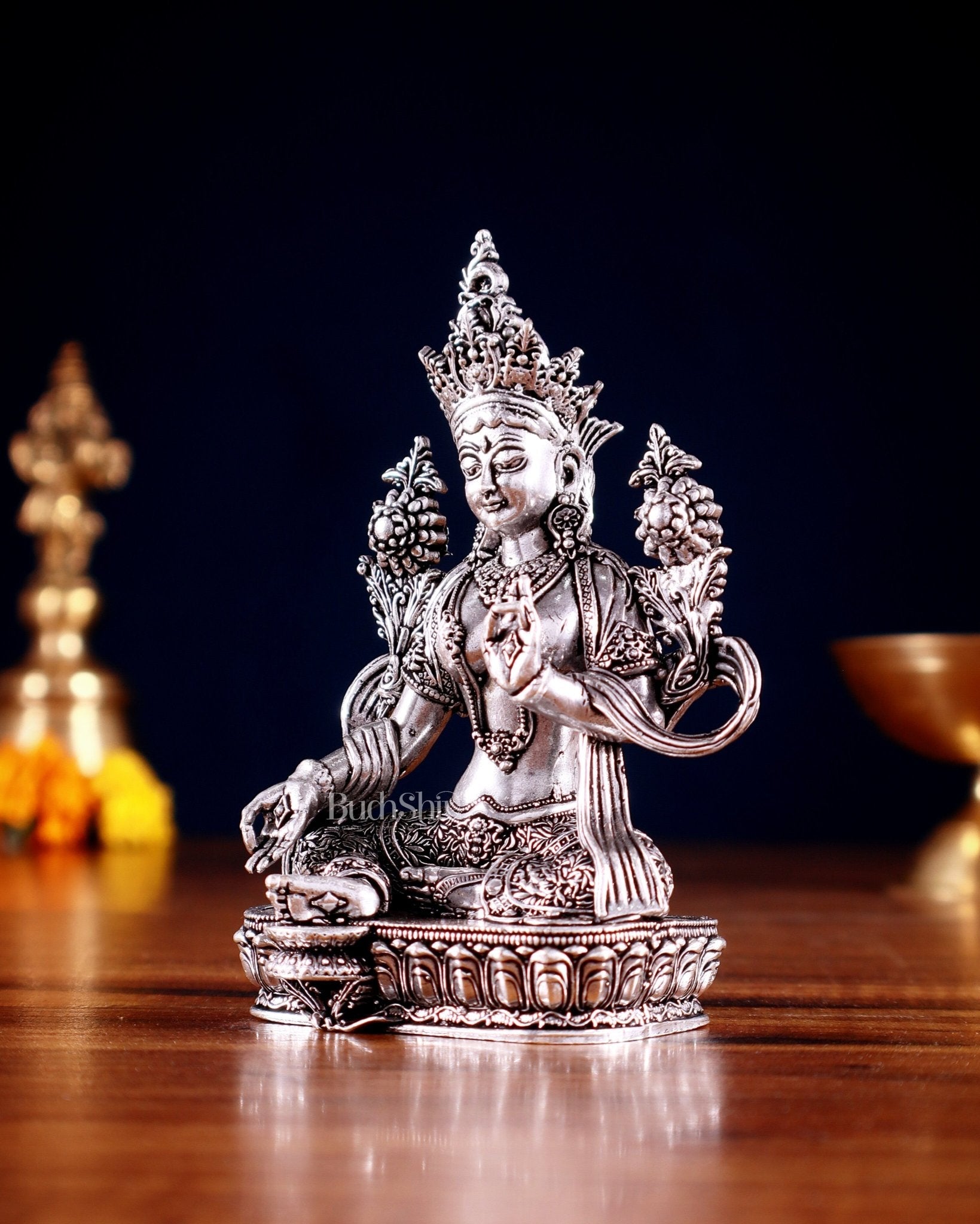 Pure Brass Superfine Tibetan Green Tara Idol 4.5" silver plated