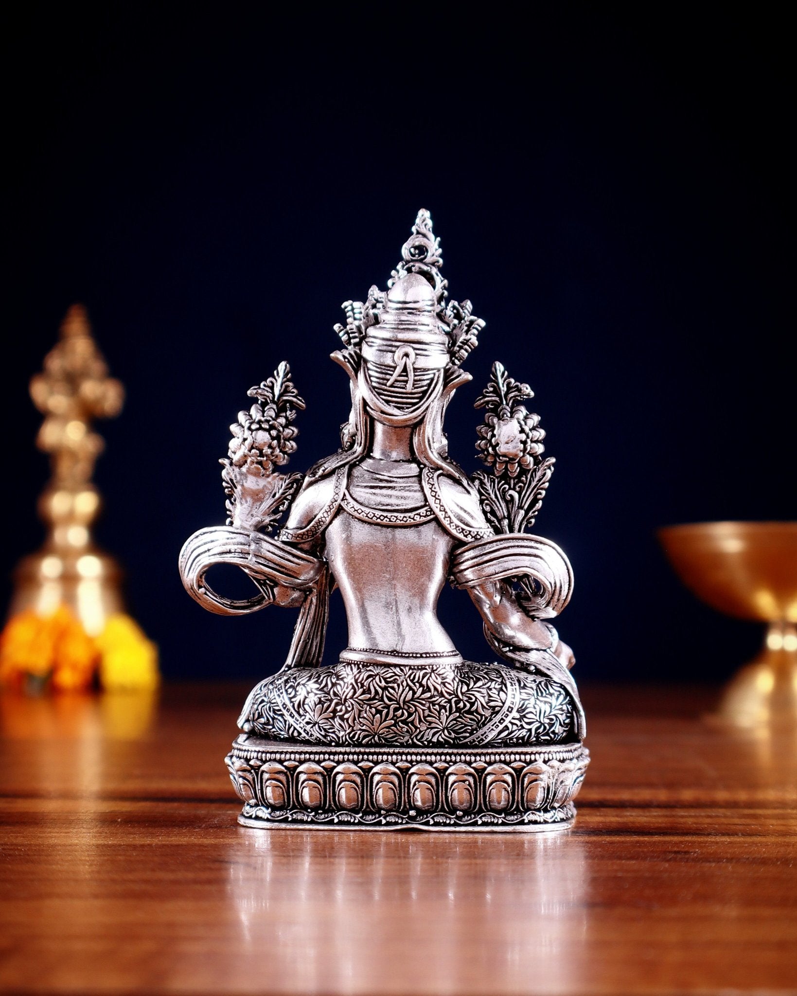 Pure Brass Superfine Tibetan Green Tara Idol 4.5" silver plated