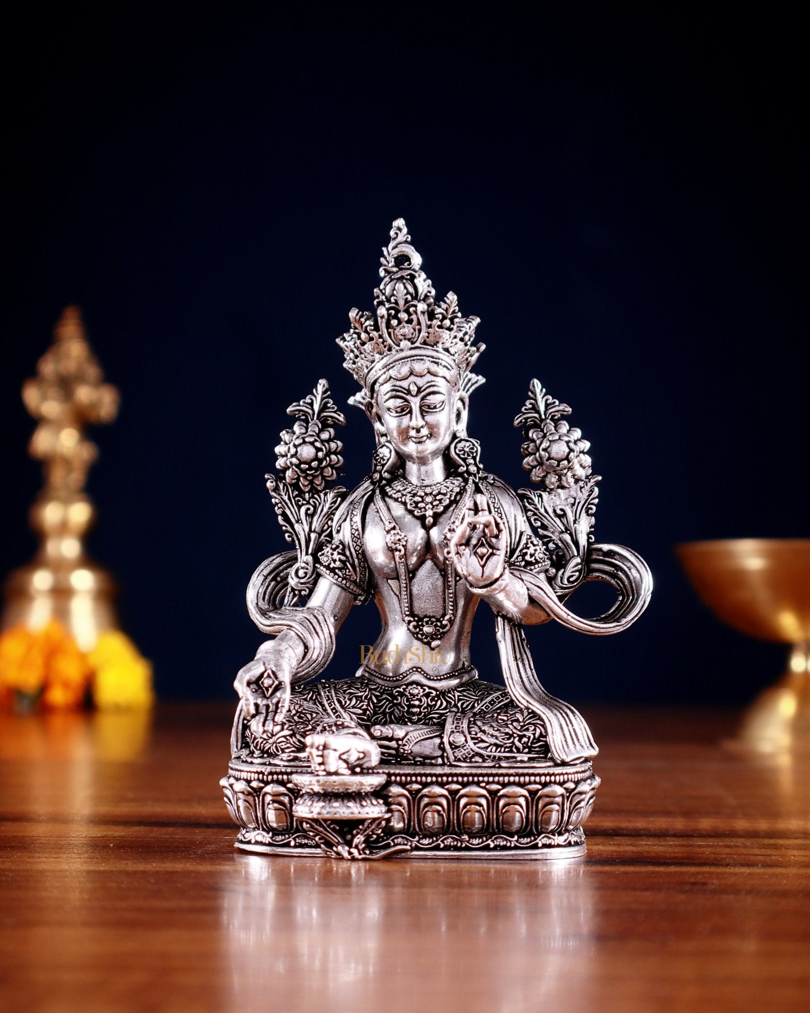 Pure Brass Superfine Tibetan Green Tara Idol 4.5" silver plated