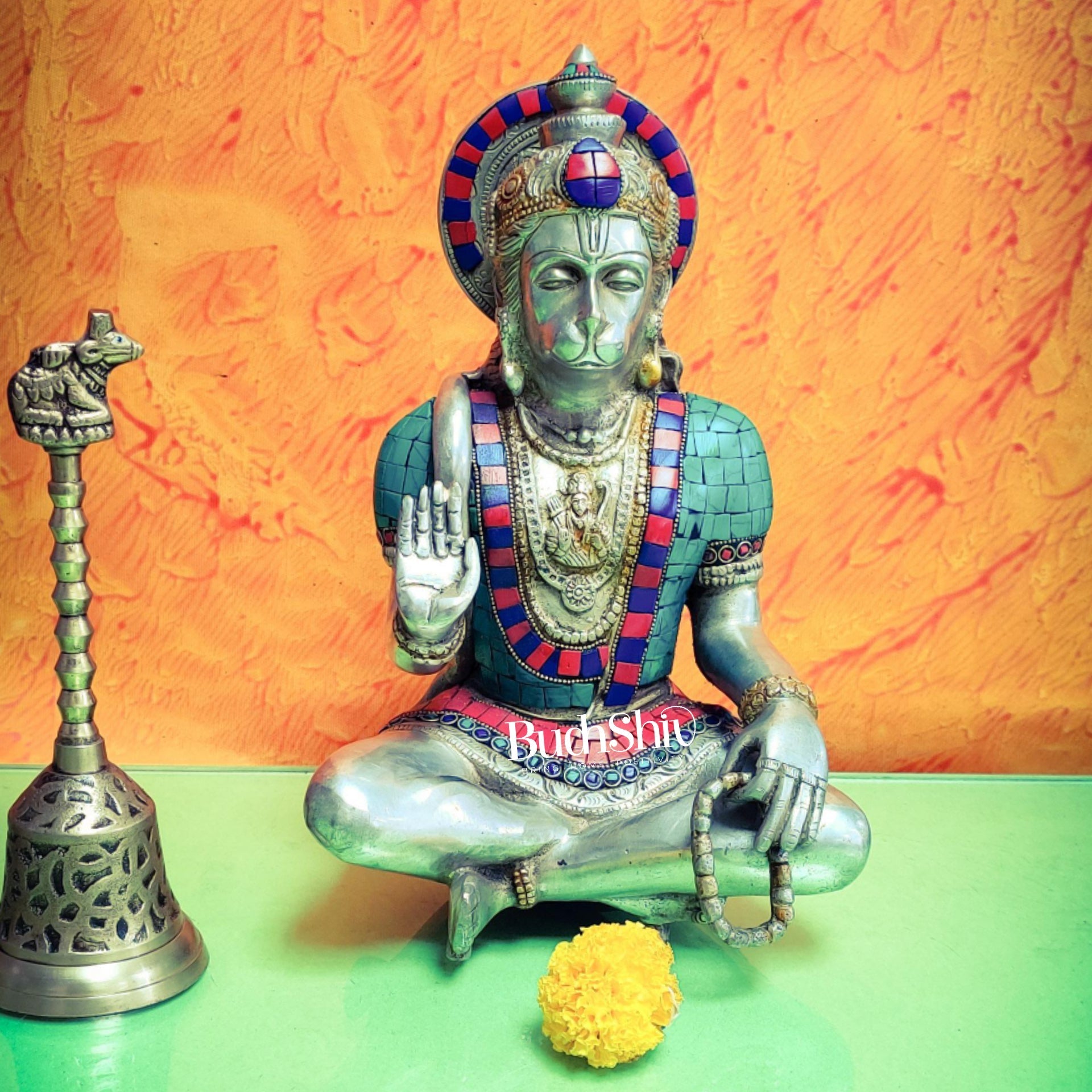 Brass Silver Tone Hanuman Hanuman Idol with Exquisite Stonework | Divine Presence | 11" Height
