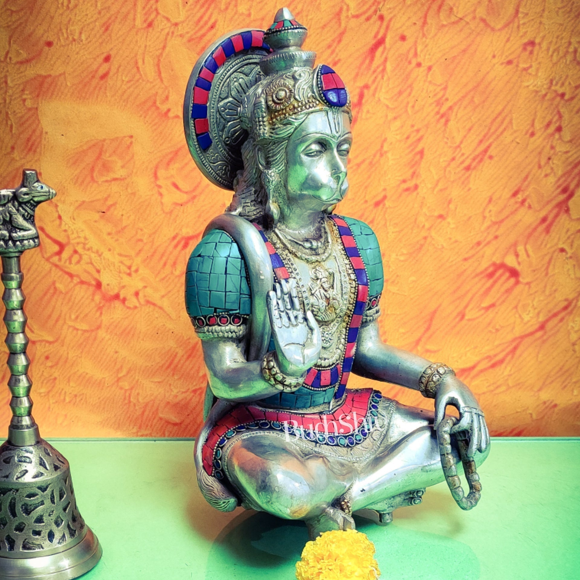 Brass Silver Tone Hanuman Hanuman Idol with Exquisite Stonework | Divine Presence | 11" Height