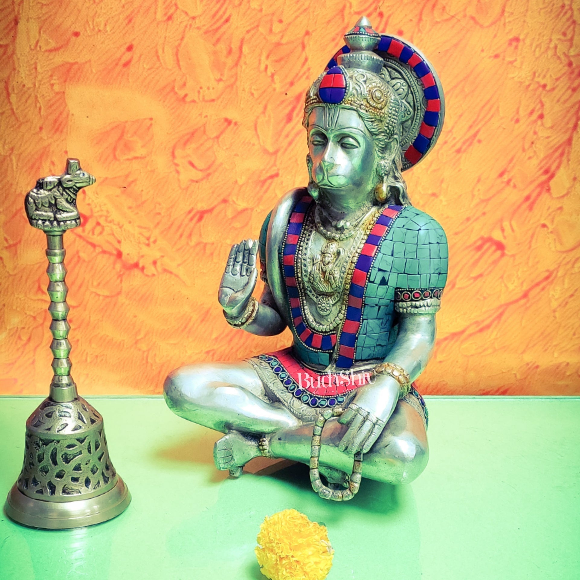 Brass Silver Tone Hanuman Hanuman Idol with Exquisite Stonework | Divine Presence | 11" Height