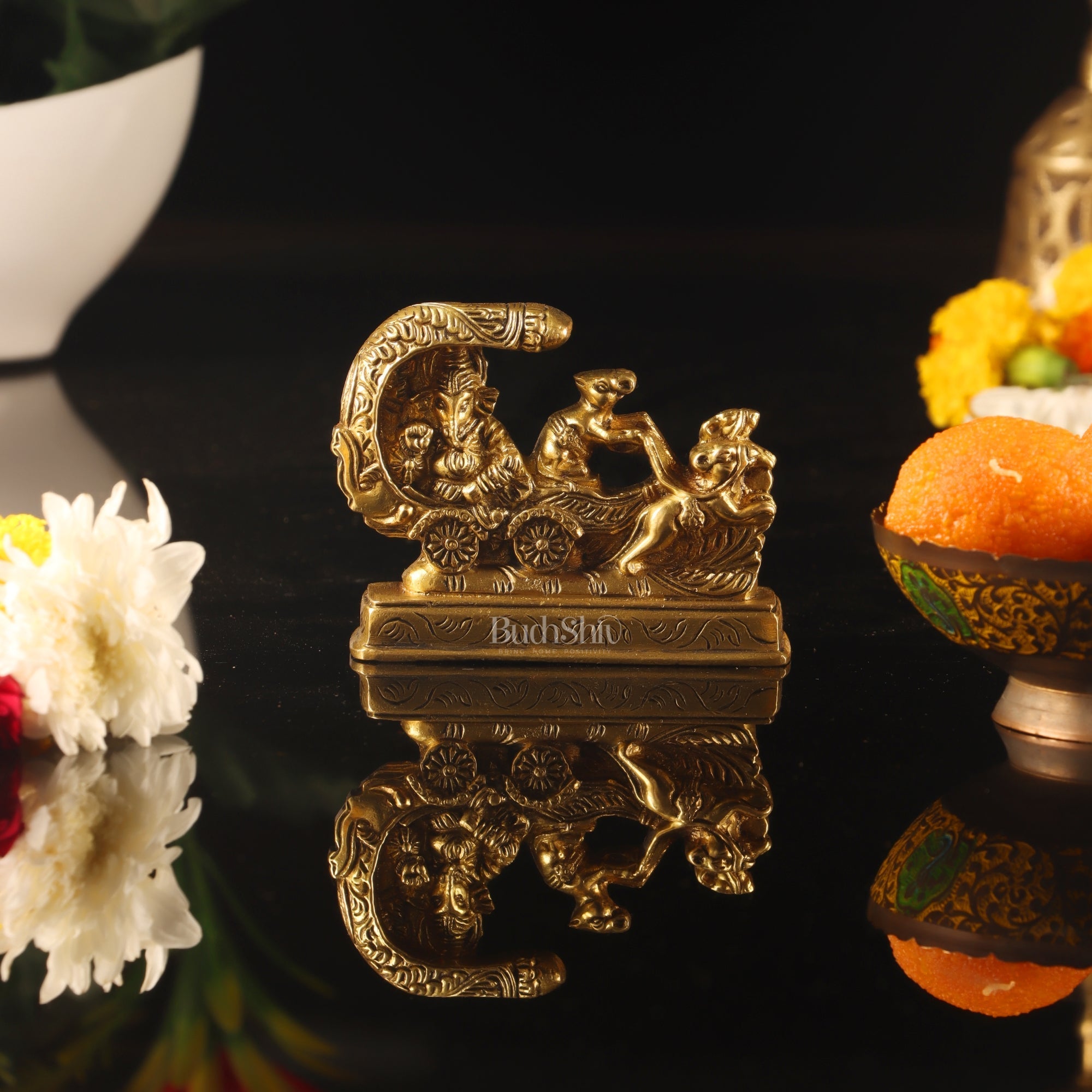 Small Brass Ganesha on Mooshak Rath - Perfect Gift Option