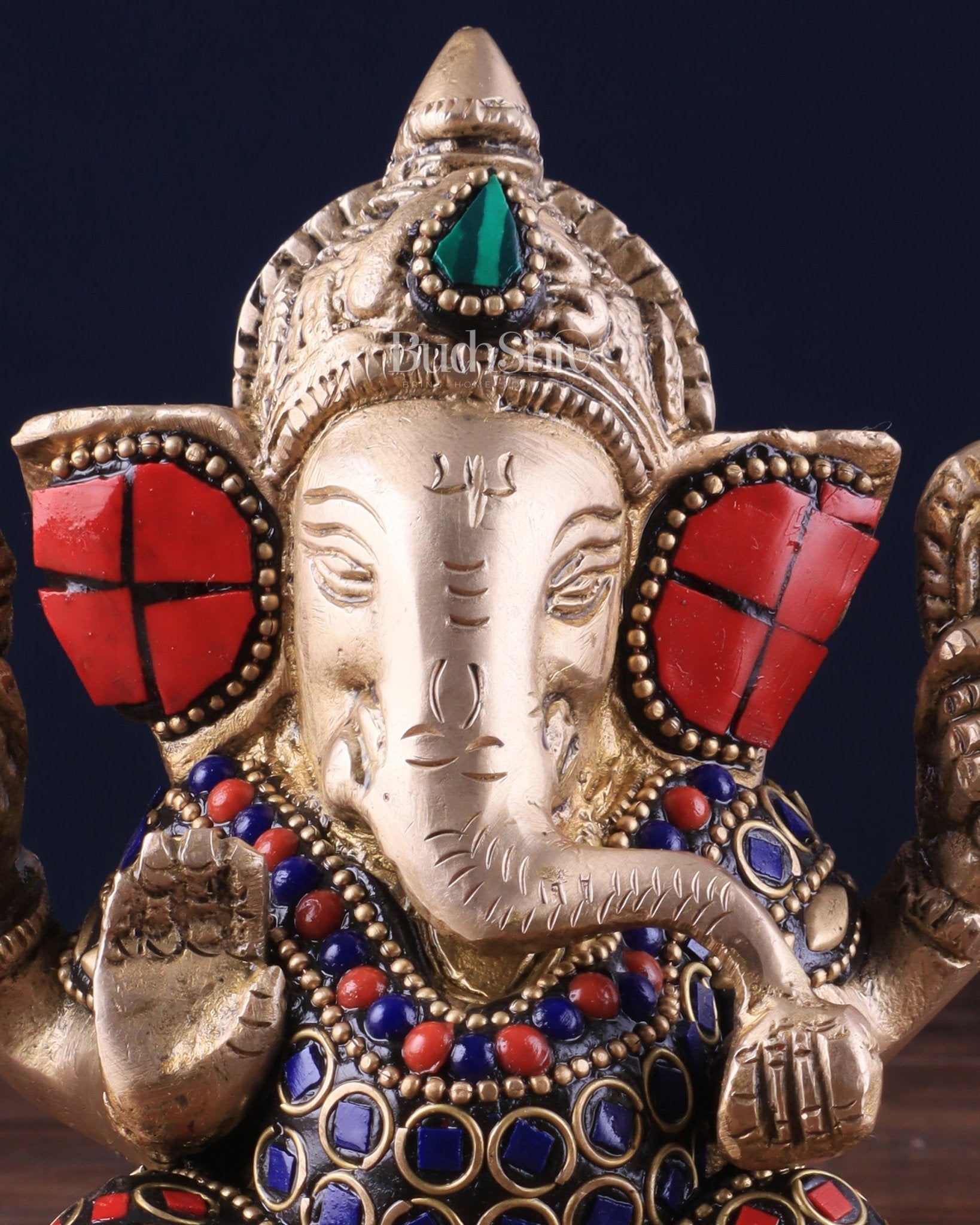 Small Pure Brass Lord Ganesha Idol with Stonework - 5 Inch