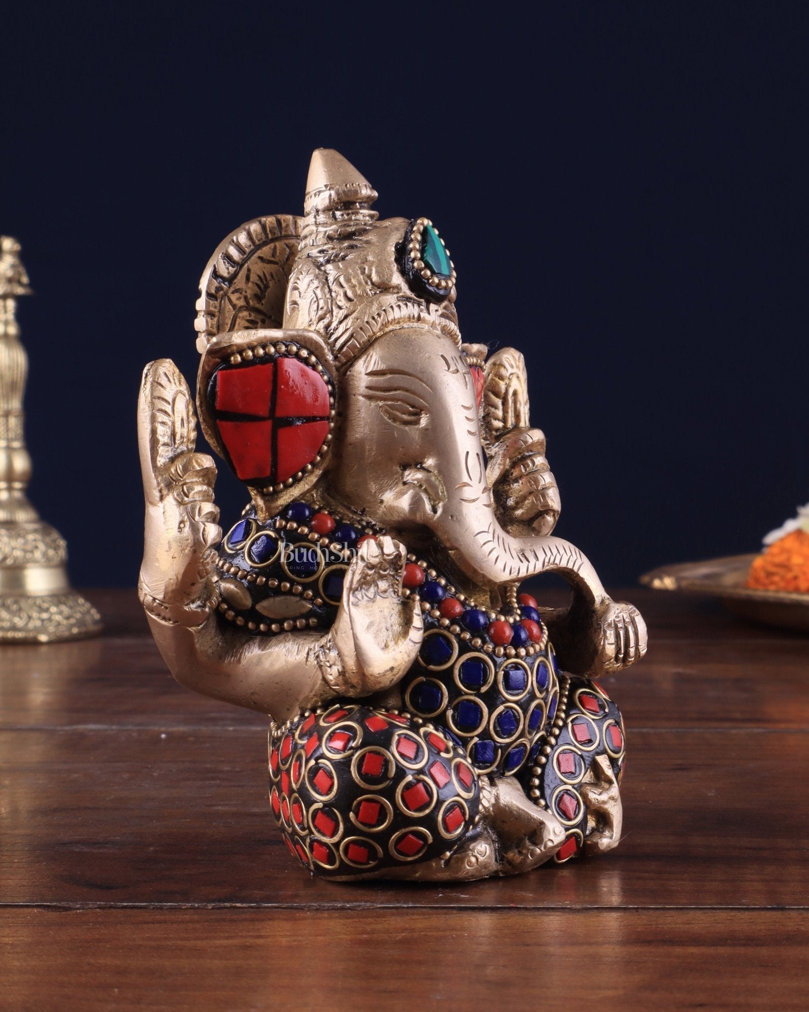 Small Pure Brass Lord Ganesha Idol with Stonework - 5 Inch