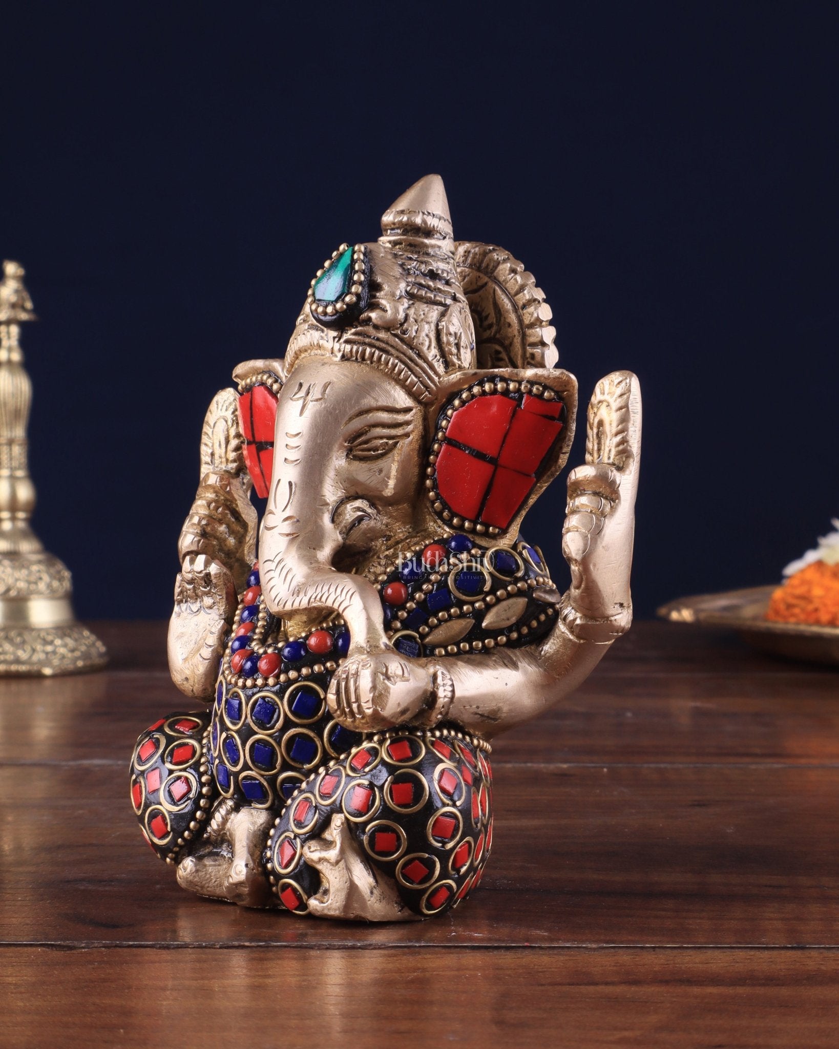 Small Pure Brass Lord Ganesha Idol with Stonework - 5 Inch