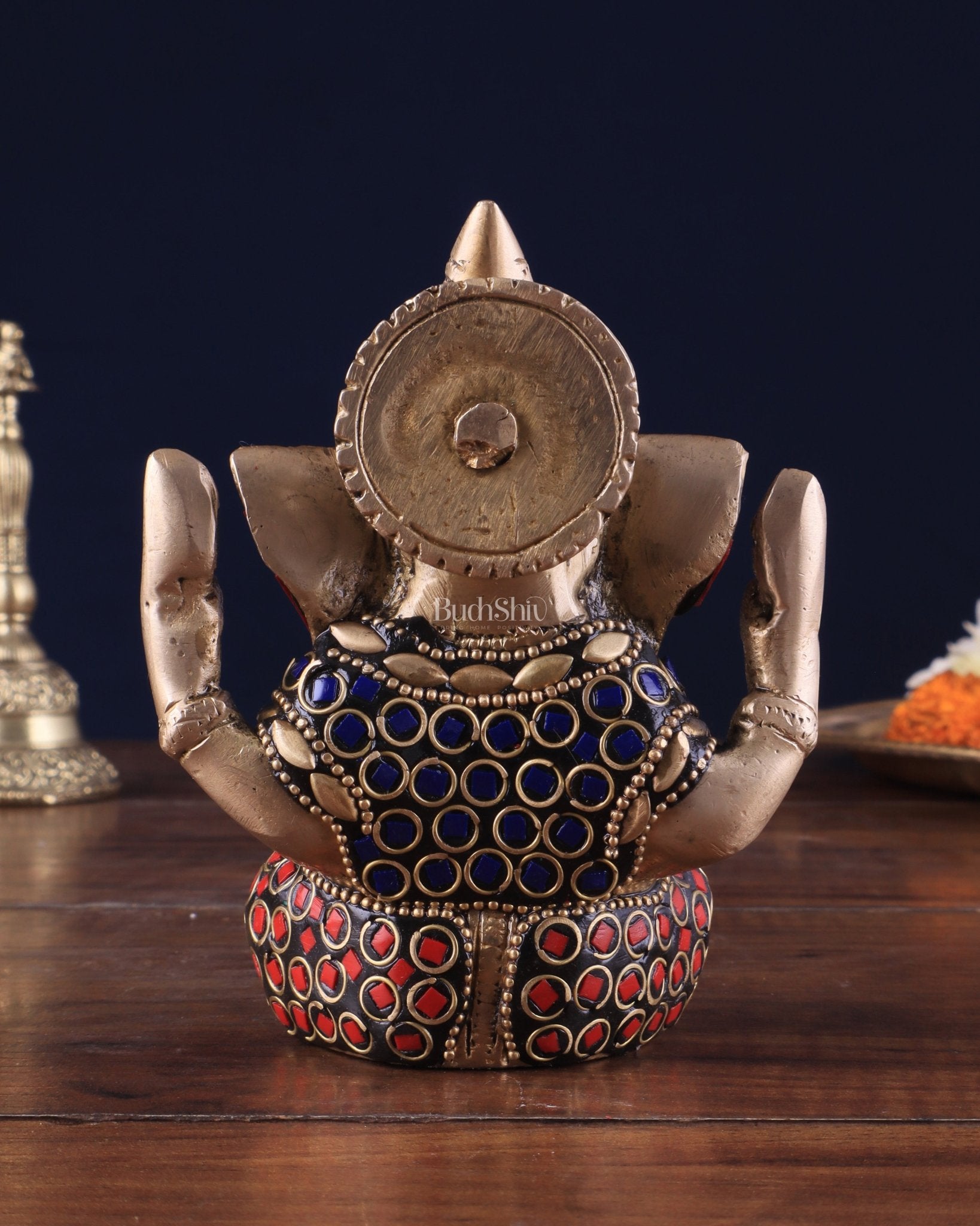 Small Pure Brass Lord Ganesha Idol with Stonework - 5 Inch