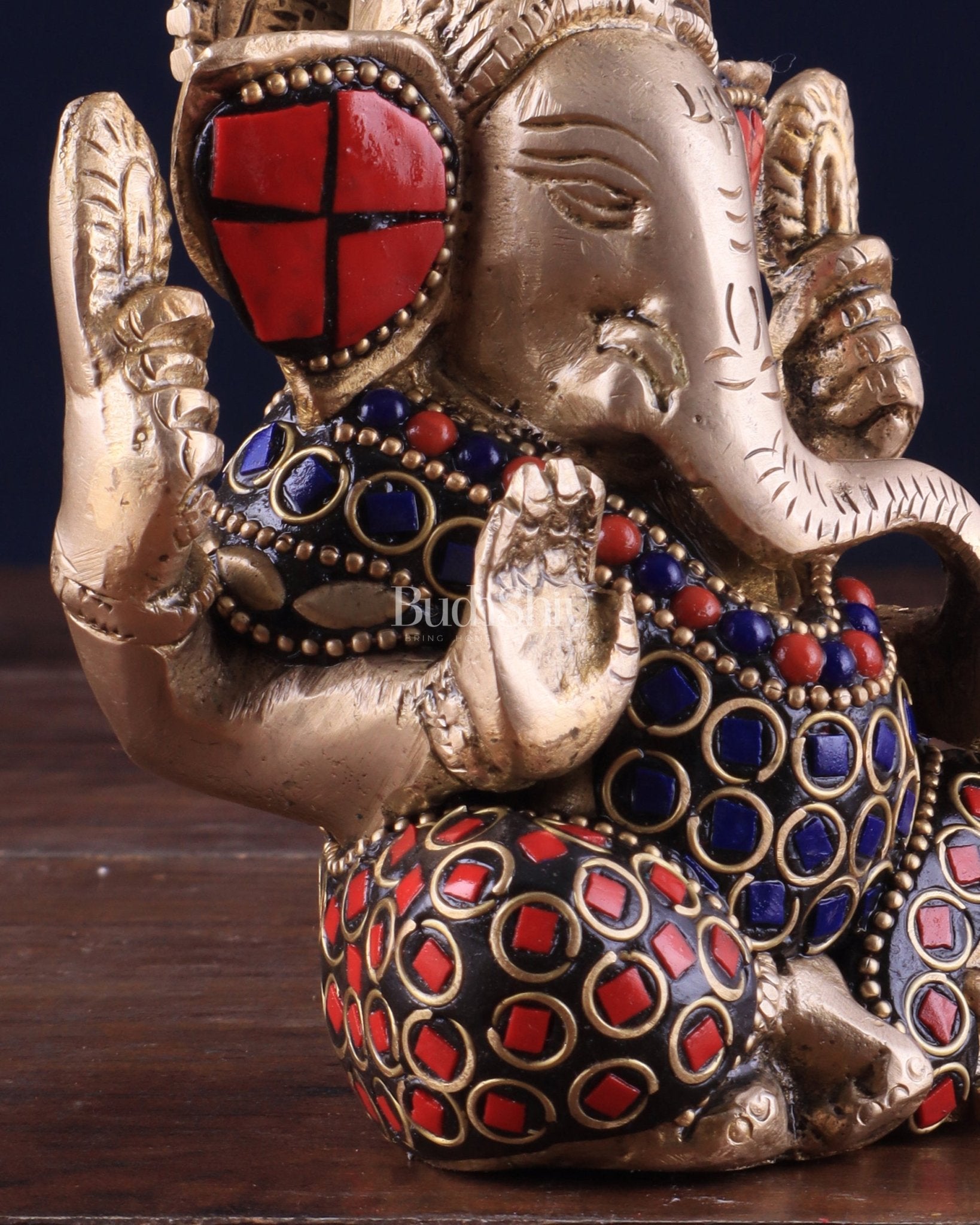 Small Pure Brass Lord Ganesha Idol with Stonework - 5 Inch