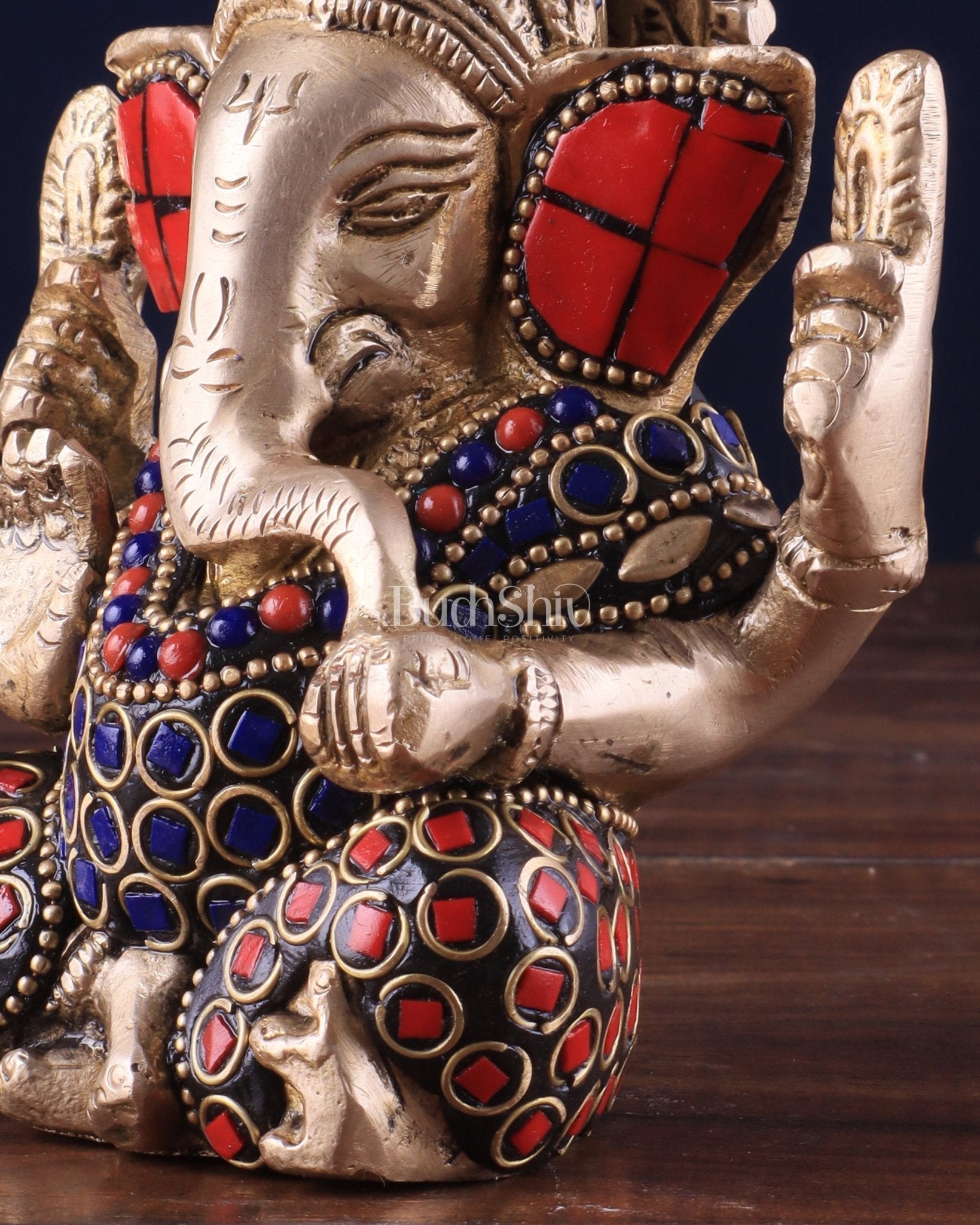 Small Pure Brass Lord Ganesha Idol with Stonework - 5 Inch