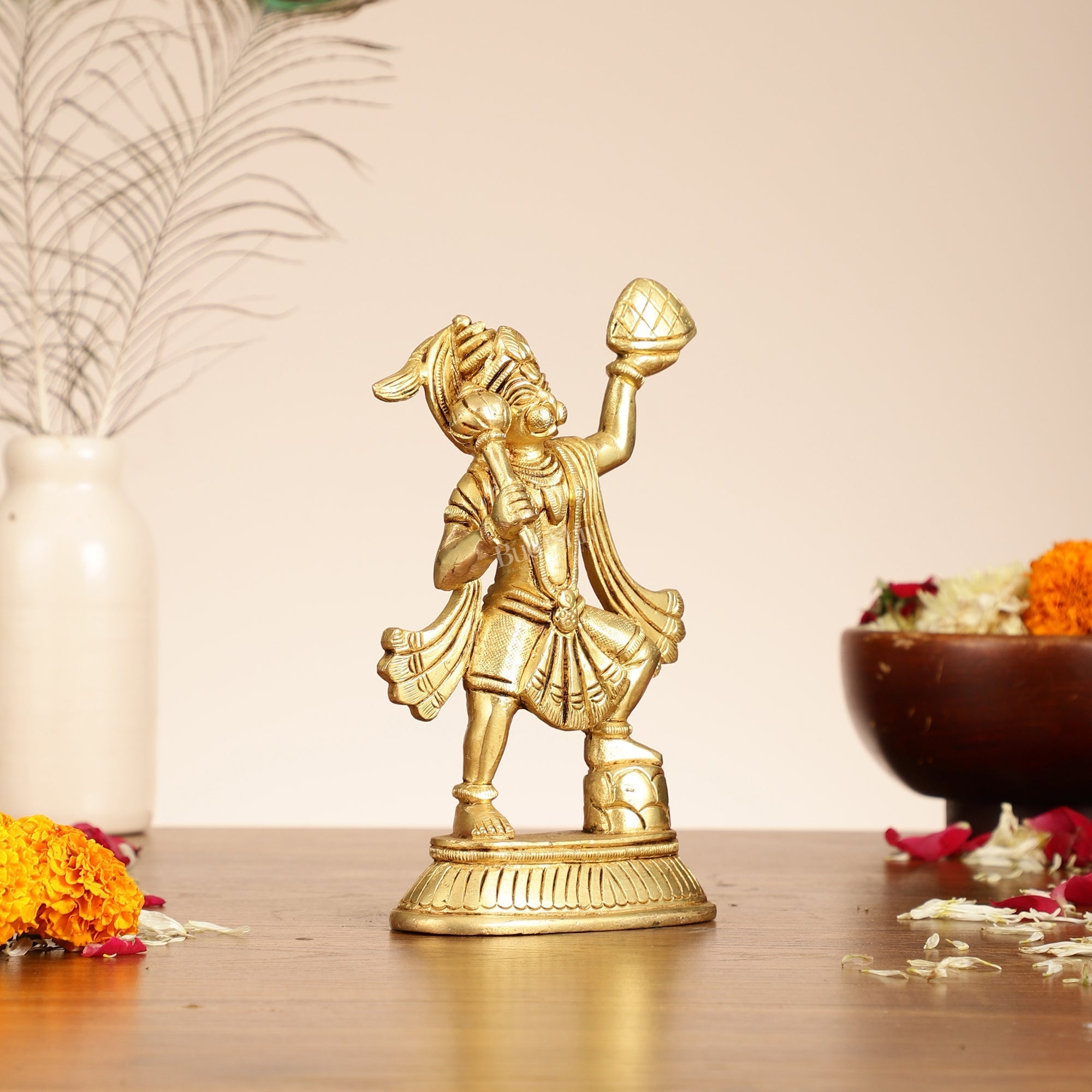 Brass Superfine Brass Hanuman Hanuman Idol | Carrying Sanjeevani Mountain | 7.5"