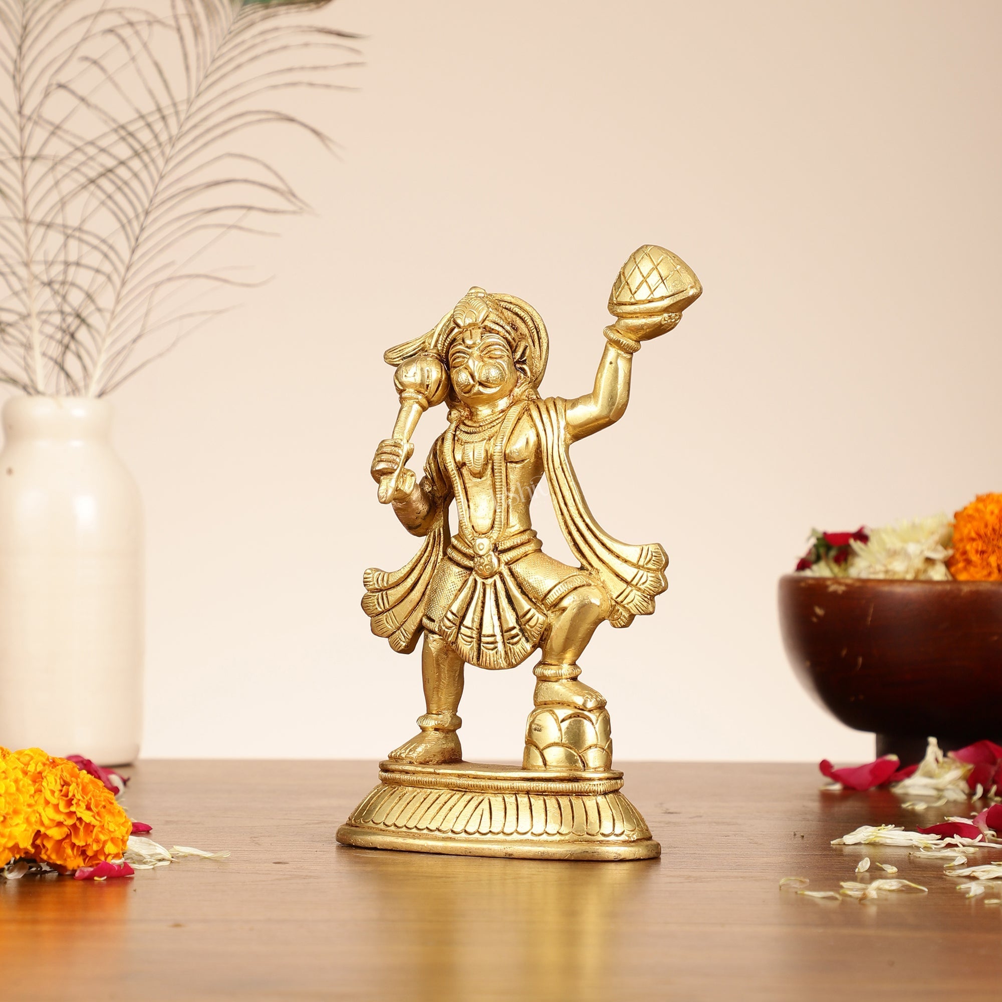 Brass Superfine Brass Hanuman Hanuman Idol | Carrying Sanjeevani Mountain | 7.5"