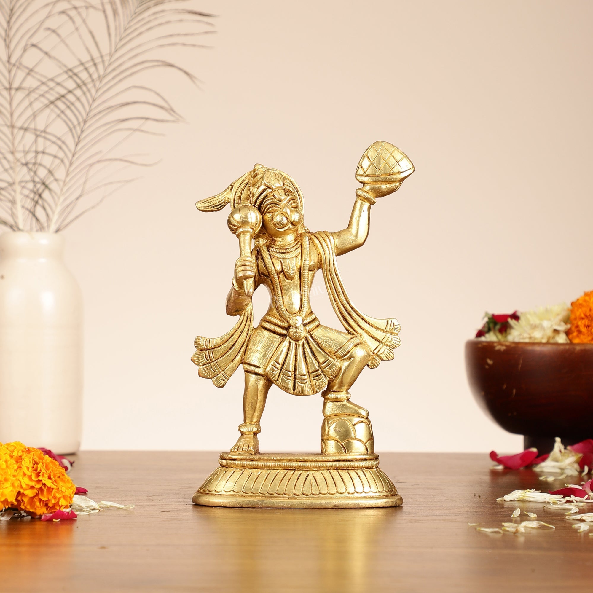 Brass Superfine Brass Hanuman Hanuman Idol | Carrying Sanjeevani Mountain | 7.5"