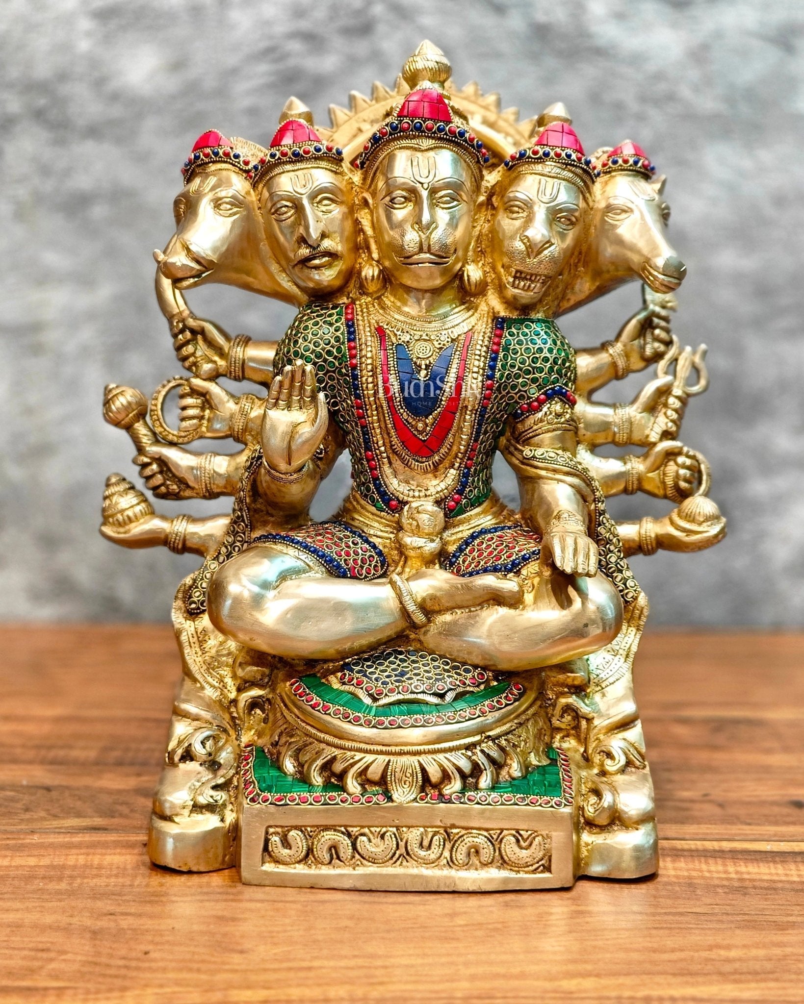Brass Superfine Handcrafted Brass Panchmukhi Hanuman Hanuman Idol 17 inch with stonework