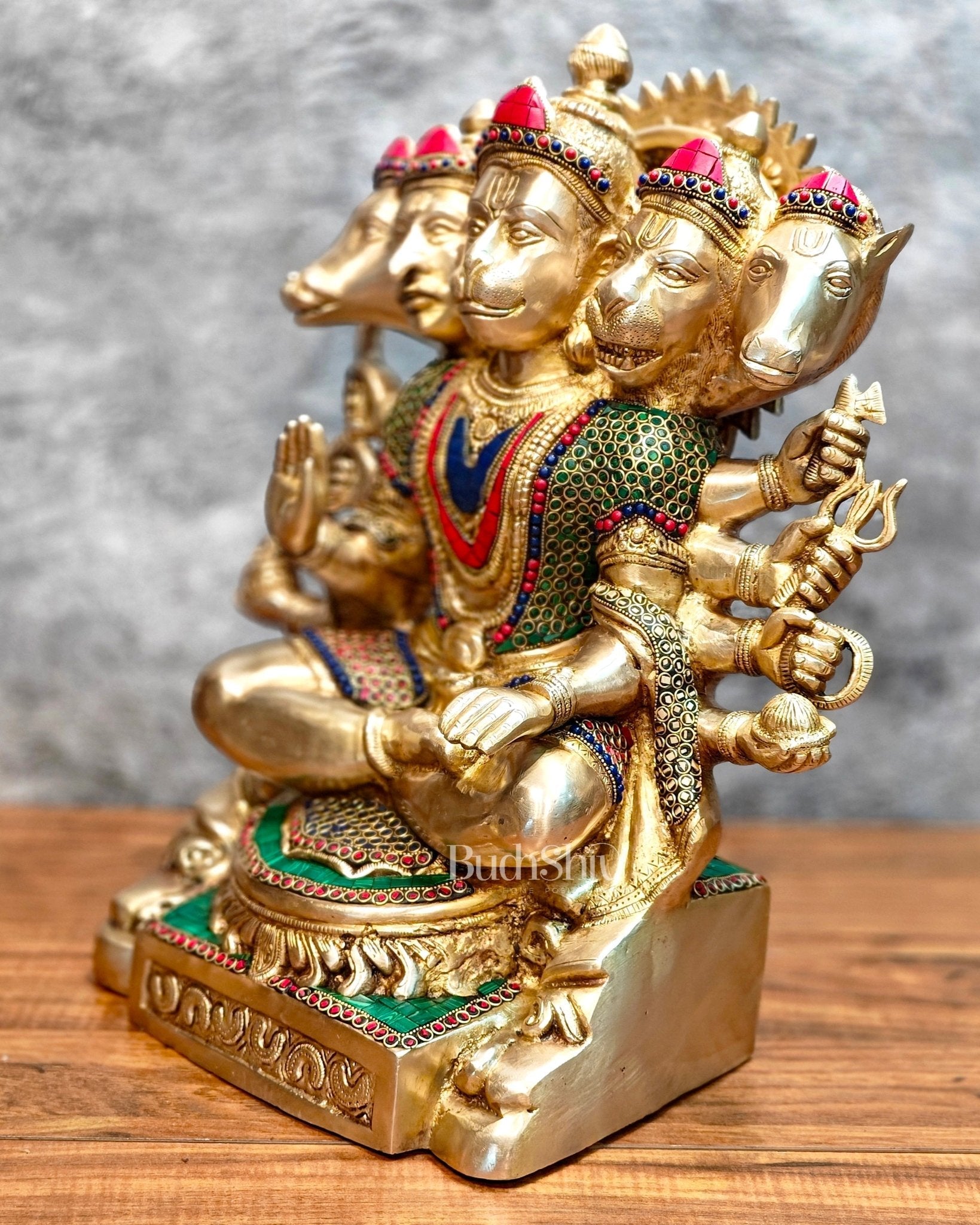Brass Superfine Handcrafted Brass Panchmukhi Hanuman Hanuman Idol 17 inch with stonework