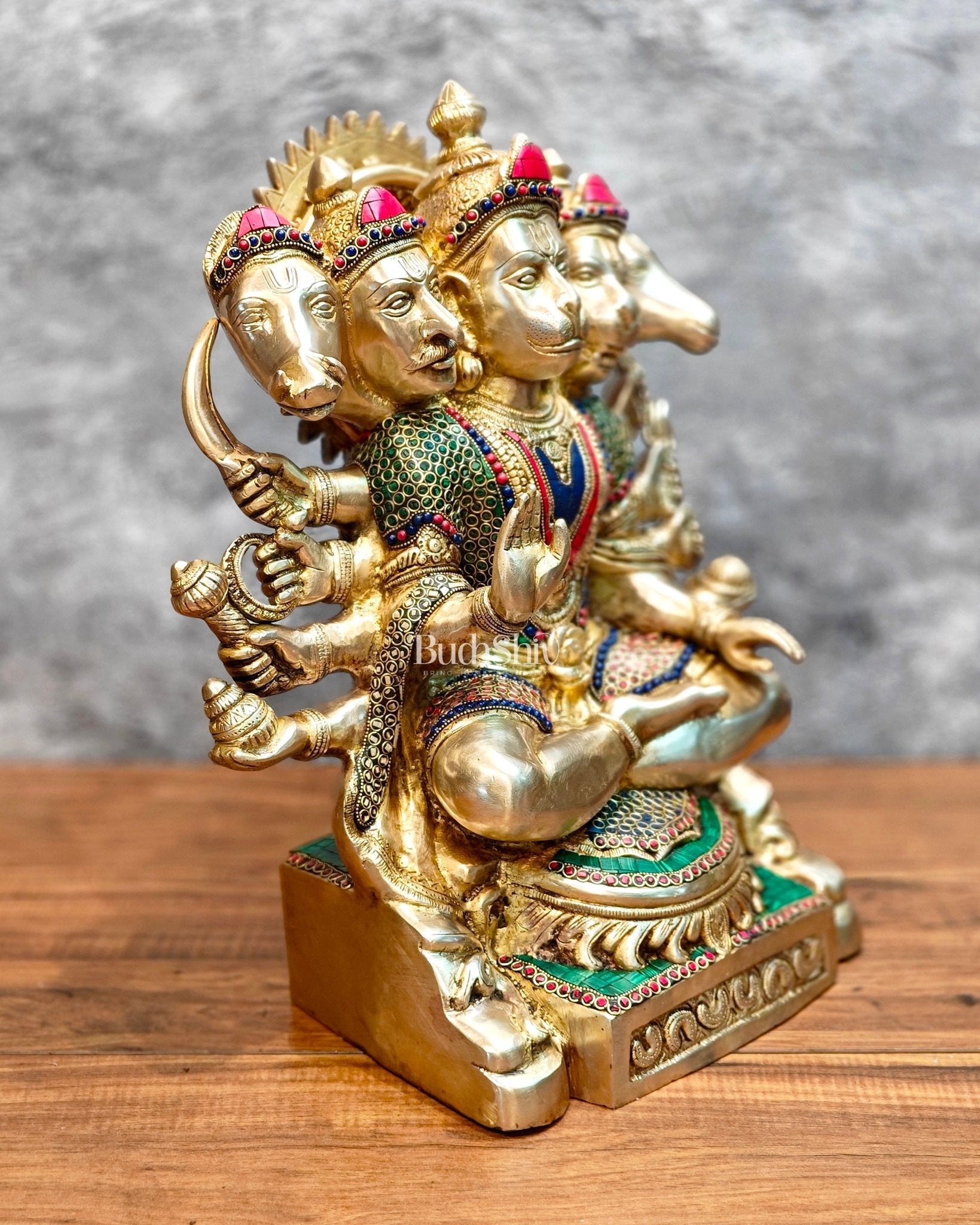 Brass Superfine Handcrafted Brass Panchmukhi Hanuman Hanuman Idol 17 inch with stonework